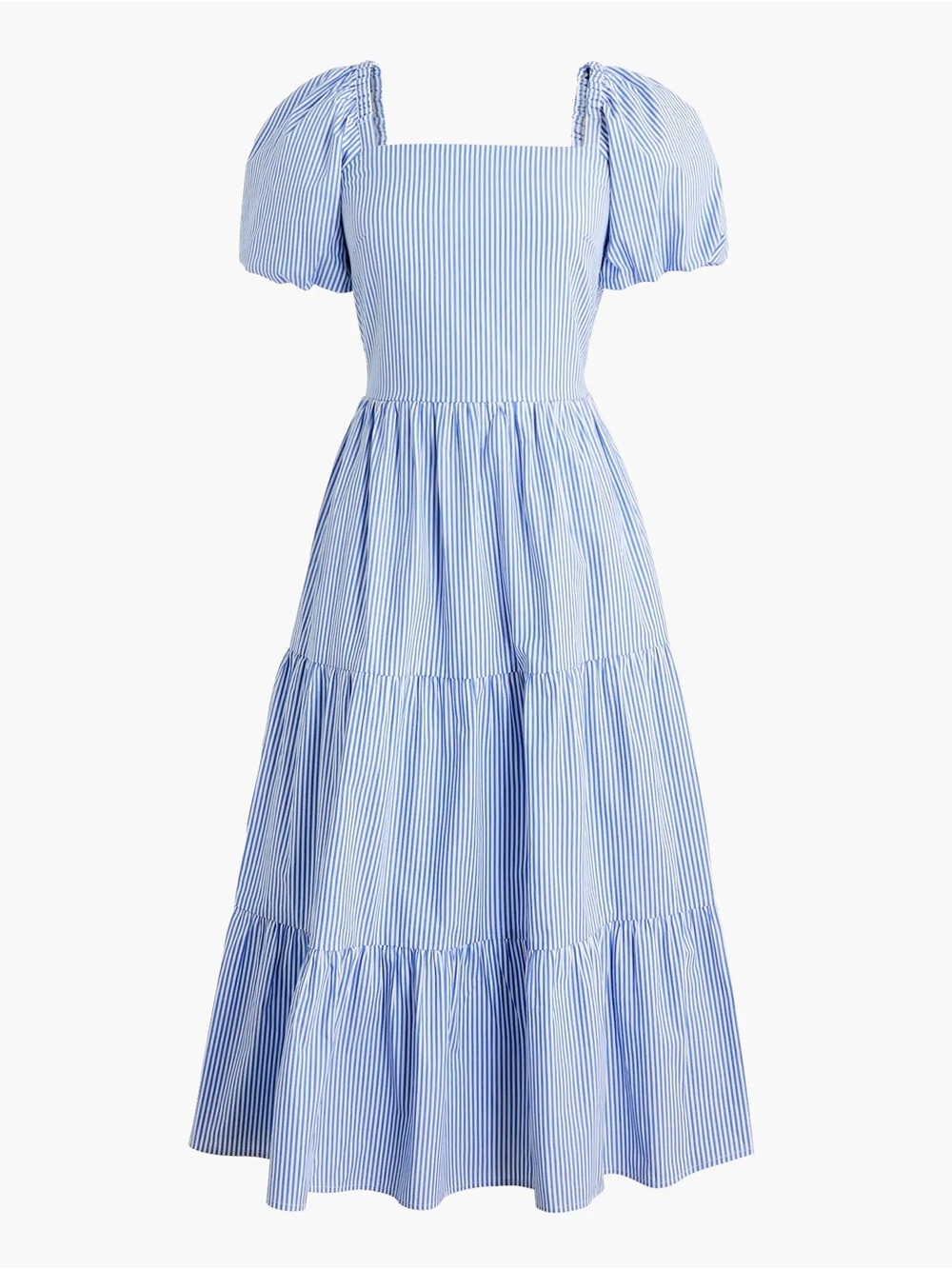 J.Crew Tiered Blue Stripe Midi Dress Puff Sleeves Size 14